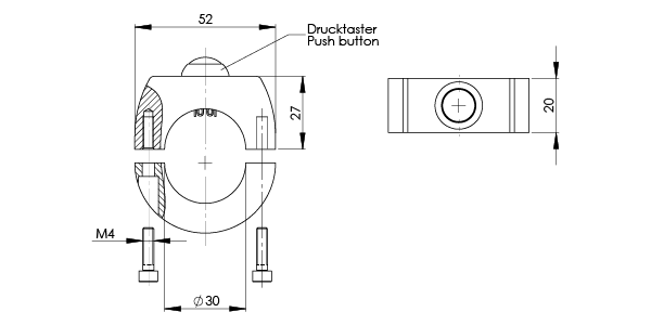 Technical drawing of TG3 clamping ring housing showing front and side views with dimensions and a push button at the top center